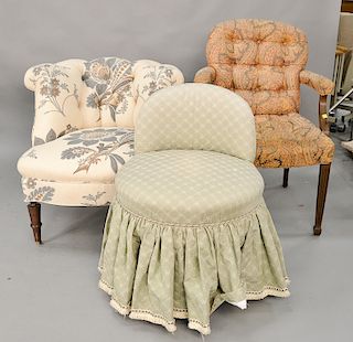 Four piece lot of chairs to include an oak armchair and three upholstered chairs. Provenance: An Estate from Farmington, Connecticut