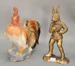 Ten rabbit and rooster animal figurines including rabbit clock, rabbit vase, metal rabbit, Faiencerie rabbit, three heavy brass anim...