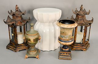 Five piece group to include a pair of Oriental temple form hanging candle lights, two urns, and white ceramic garden seat. Provenanc...