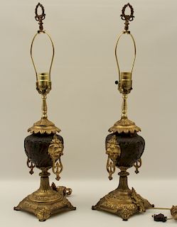 PR. OF FRENCH BRONZE AND GILT URNS WITH LION HEADS