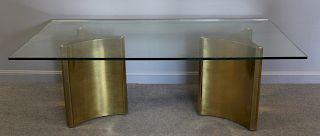 MIDCENTURY. Brass And Glass Twin Pedestal Dining