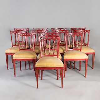 Twelve Louis Philippe Style Red Painted and Parcel-Gilt Wood Side Chairs