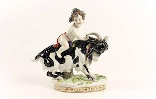 German Porcelain Figural Sculpture, Putto on Goat