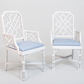 Pair of Chinese Chippendale Style White Painted Fretwork Armchairs