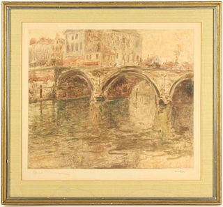 Oswald Poreau, "View of Bridge Over Water", Signed