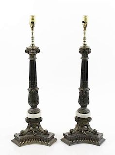 Pair of Bronzed Metal & Marble Column Table Lamps