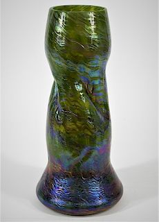 Bohemian Green Purple Iridescent Art Glass Vase
