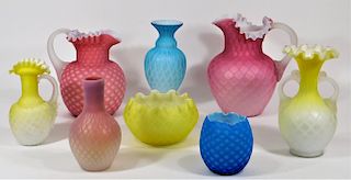 8 Victorian Diamond Quilted Satin Glass Vases
