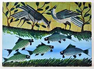 Kabinda African Modernist Painting of Fish & Birds