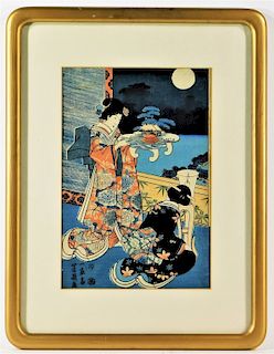 Yoshiiku Utagawa Woodblock Print of Two Geisha
