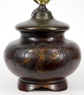 19C Japanese Meiji Bronze Globular Bird Table Lamp