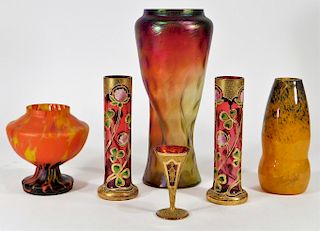 6PC Bohemian Czech Art Glass Vase Group