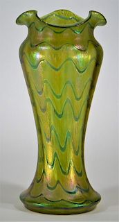 LARGE Kralik Blue Wave Iridescent Art Glass Vase