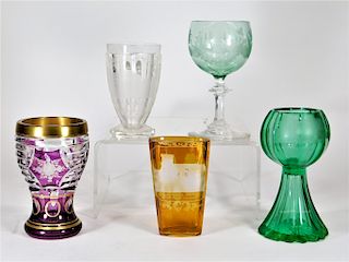5PC Bohemian Czech Moser Etched Glass Group