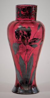 American Art Nouveau Silvered Cameo Art Glass Vase