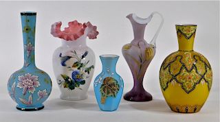 5PC Bohemian American Enamel Art Glass Vases