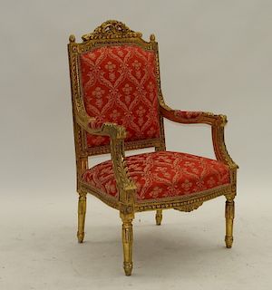 French Louis XIV Style Carved Gilt Wood Arm Chair