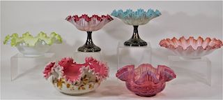 6 Victorian Satin Enamel Art Glass Brides Baskets