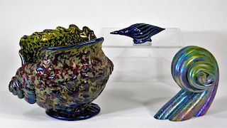 3 Nautical Marine Shell Art Glass Sculptures