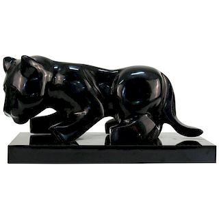 Modern Black Marble Panther Signed Sculpture
