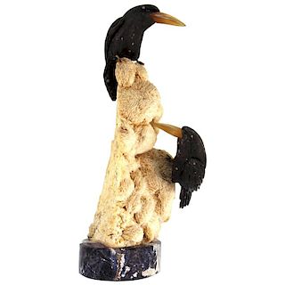 Carved Obsidian Birds on Mineral Rock Sculpture