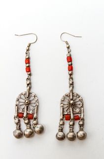 Yemen Tribal Silver & Red Coral Dangle Earrings Pr