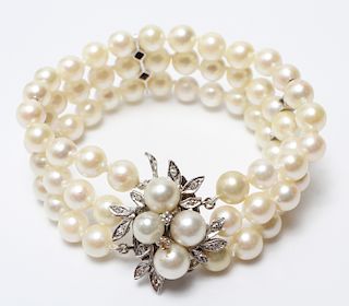14K White Gold & Diamonds 3-Strand Pearls Bracelet