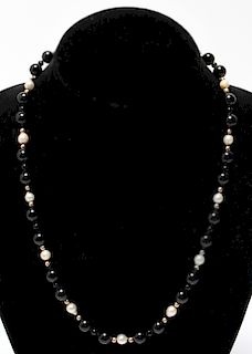 14K Yellow Gold Beads, Pearls & Onyx Necklace