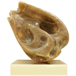 Abstract Modern Carved Onyx Sculpture w Brass Base