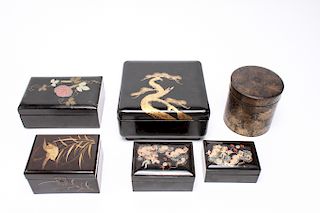 Asian Manner Lacquered Wood Boxes w Gilt Motifs, 6