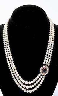 18K Gold Amethyst Clasp 3-Strand Pearls Necklace