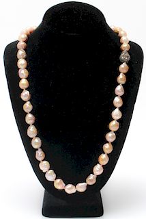 Baroque Pearls & Silver Bead w Diamonds Necklace
