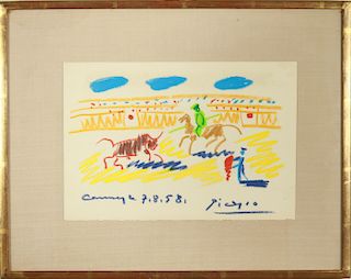 Signed Picasso "Bullfight" Wax Crayon on Paper