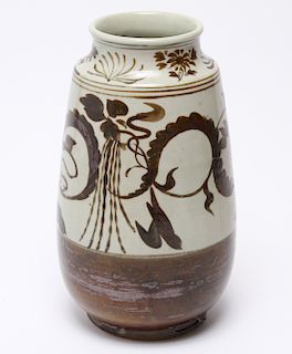 Glazed Pottery Vase w Vine & Bird Motif