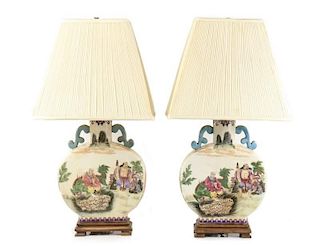 Matched Pair Chinese Porcelain Moon Flask Lamps