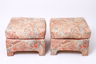Modern Upholstered Square Ottomans, Pair