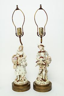 Meissen Manner Figural Porcelain Table Lamps, Pair