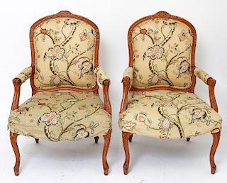 French Manner Upholstered Open Arm Chairs, Pr