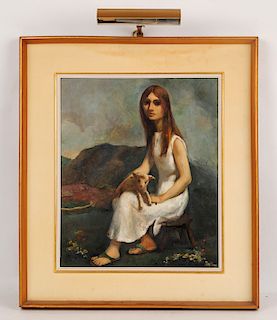 LOZANO WOMAN WITH GOAT OIL ON MASONITE SIGNED