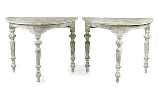 Pair of Rustic Grey Painted Demilune Tables