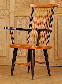 MIXED WOOD OPEN ARM CHAIR MANNER OF NAKASHIMA