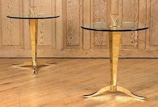 PAIR ITALIAN GLASS TOP SIDE TABLES BRASS BASE