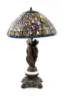 Leaded Stained Glass Gilt Metal Figural Table Lamp