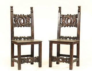 Pair of Stained & Carved Oak Hall Chairs, 19th C.
