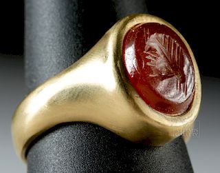 14K+ Gold Ring w/ Roman Glass Intaglio Man's Profile