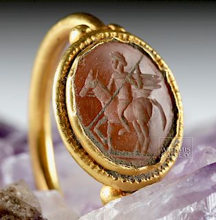 Roman 20K+ Gold Ring w/ Carnelian Intaglio Equestrian