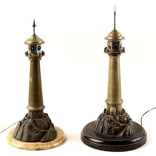 TWO BRONZE TABLE LAMPS FORM OF LIGHTHOUSE C.1900