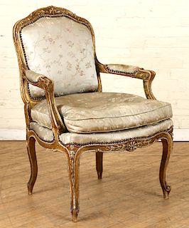 FRENCH GILT WOOD CARVED OPEN ARM CHAIR C.1900