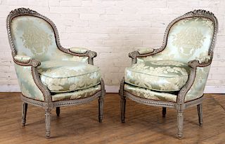 PAIR CARVED FRENCH BERGERE CHAIRS LOUIS XVI STYLE