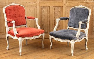 PAIR CARVED FRENCH PAINTED OPEN ARM CHAIRS C.1940
